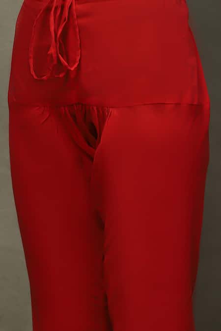 RI.Ritu Kumar_Red Cotton, Viscose Sequins, Embroidery V-neck Floral Anarkali Set _at_Aza_Fashions