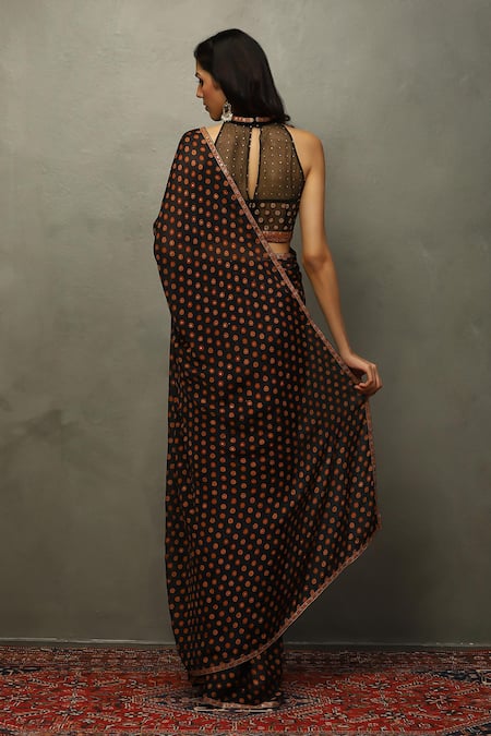 RI.Ritu Kumar Floral Print Black Saree With Blouse 