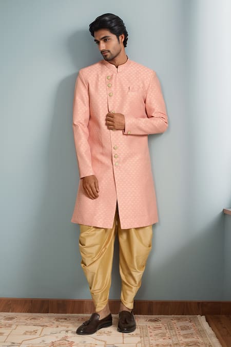 Aryavir Malhotra Peach Mughal Jacquard Sherwani Set 