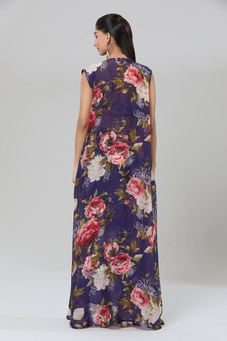 Kashmiraa Floral Print Cape Draped Skirt Set 