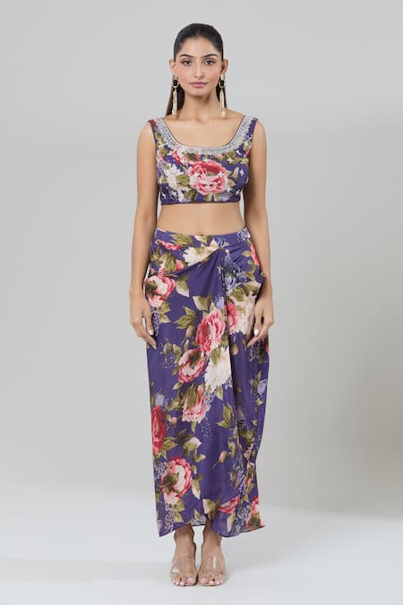 Kashmiraa_Purple Silk Cut Work, Beads, Foil Printing Scoop Floral Cape Draped Skirt Set _Online_at_Aza_Fashions