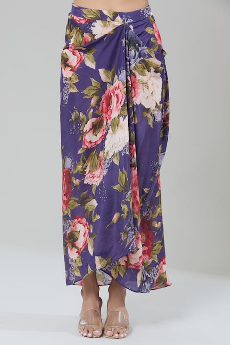 Shop_Kashmiraa_Purple Silk Cut Work, Beads, Foil Printing Scoop Floral Cape Draped Skirt Set _Online_at_Aza_Fashions