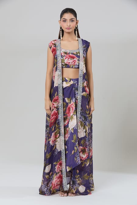 Kashmiraa_Purple Silk Cut Work, Beads, Foil Printing Scoop Floral Cape Draped Skirt Set _at_Aza_Fashions