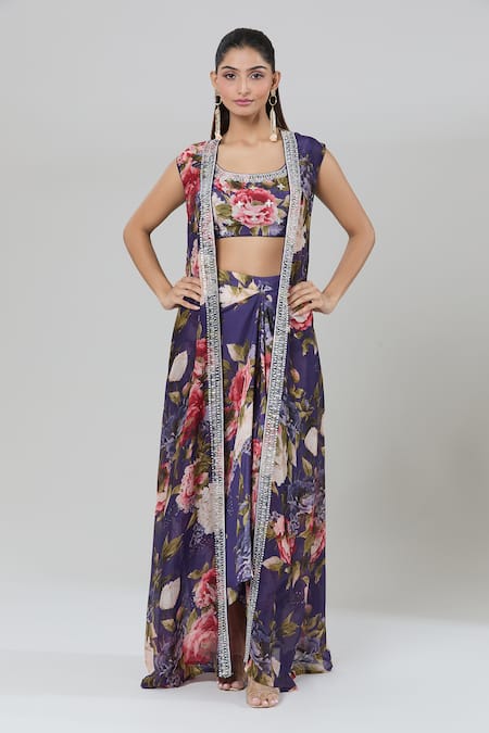 Buy_Kashmiraa_Purple Silk Cut Work, Beads, Foil Printing Scoop Floral Cape Draped Skirt Set 