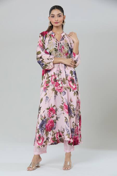 Kashmiraa_Pink Silk Sequins, Embroidery Floral Print Kurta Set _Online_at_Aza_Fashions