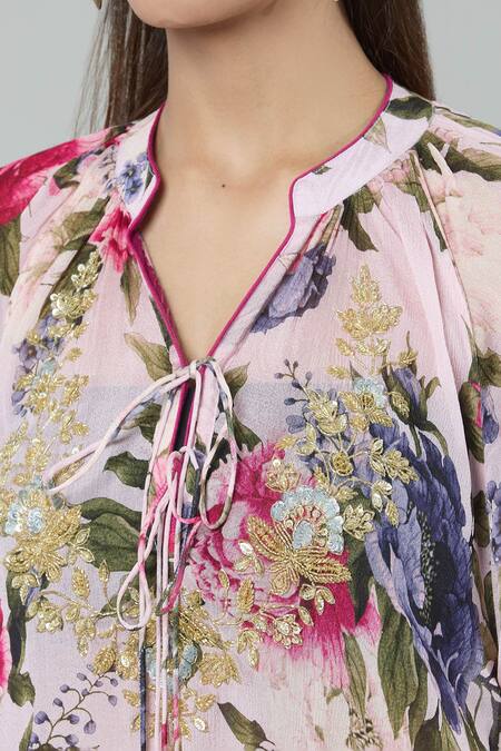 Buy_Kashmiraa_Pink Silk Sequins, Embroidery Floral Print Kurta Set _Online_at_Aza_Fashions