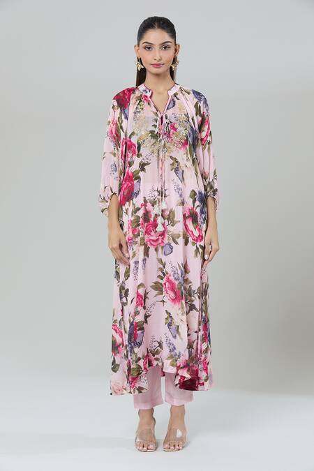 Kashmiraa_Pink Silk Sequins, Embroidery Floral Print Kurta Set _at_Aza_Fashions