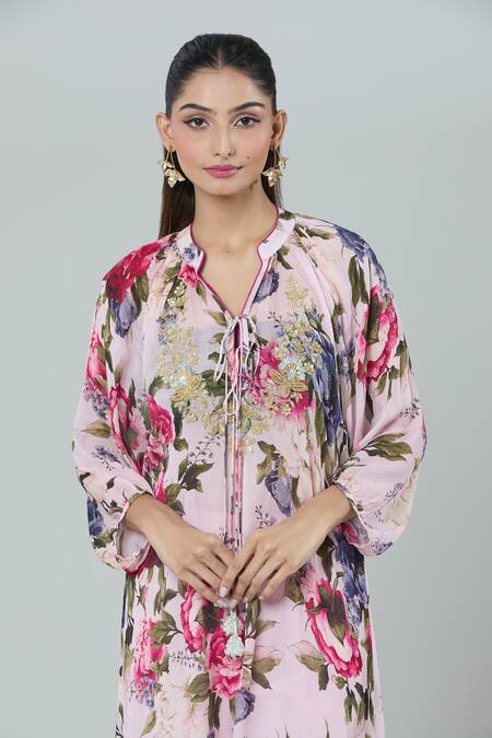 Buy_Kashmiraa_Pink Silk Sequins, Embroidery Floral Print Kurta Set 