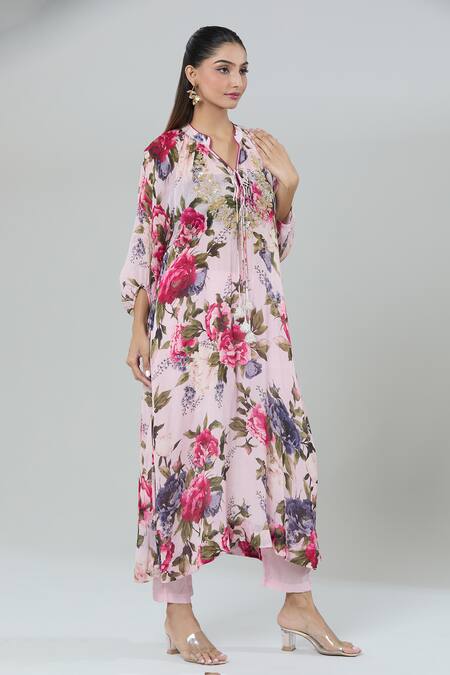 Shop_Kashmiraa_Pink Silk Sequins, Embroidery Floral Print Kurta Set 