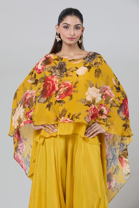 Kashmiraa_Yellow Silk Boat Neck Floral Print Cape Kurta And Dhoti Pant Set _Online_at_Aza_Fashions