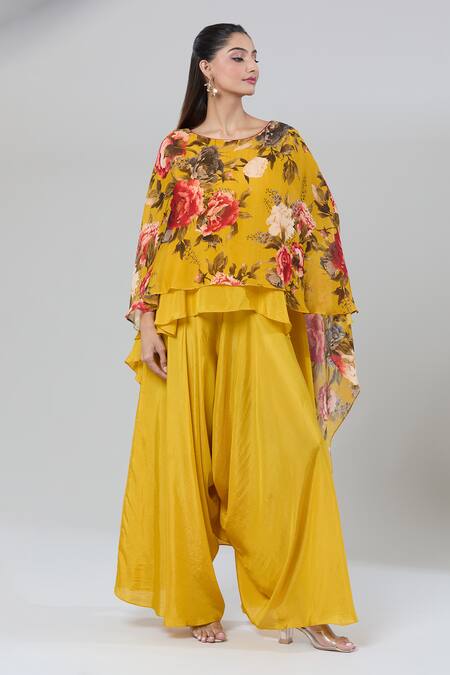 Buy_Kashmiraa_Yellow Silk Boat Neck Floral Print Cape Kurta And Dhoti Pant Set 