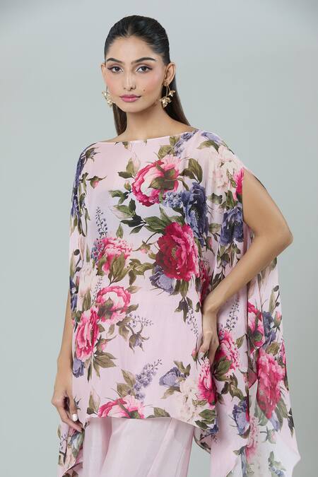 Kashmiraa_Pink Silk Boat Neck Floral Print Kaftan Kurta And Flared Pant _Online_at_Aza_Fashions