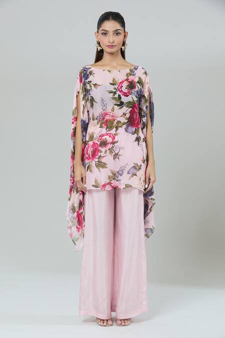 Shop_Kashmiraa_Pink Silk Boat Neck Floral Print Kaftan Kurta And Flared Pant _Online_at_Aza_Fashions