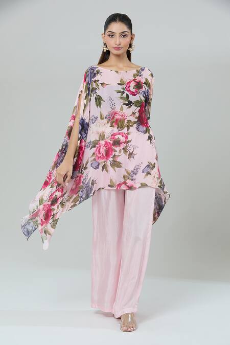 Kashmiraa_Pink Silk Boat Neck Floral Print Kaftan Kurta And Flared Pant _at_Aza_Fashions