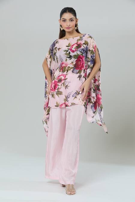 Buy_Kashmiraa_Pink Silk Boat Neck Floral Print Kaftan Kurta And Flared Pant 