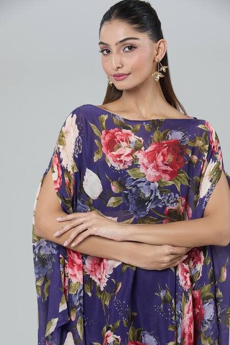 Kashmiraa_Purple Silk Boat Neck Floral Print Asymmetric Kaftan And Flared Pant _Online_at_Aza_Fashions