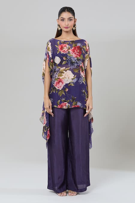 Buy_Kashmiraa_Purple Silk Boat Neck Floral Print Asymmetric Kaftan And Flared Pant _Online_at_Aza_Fashions
