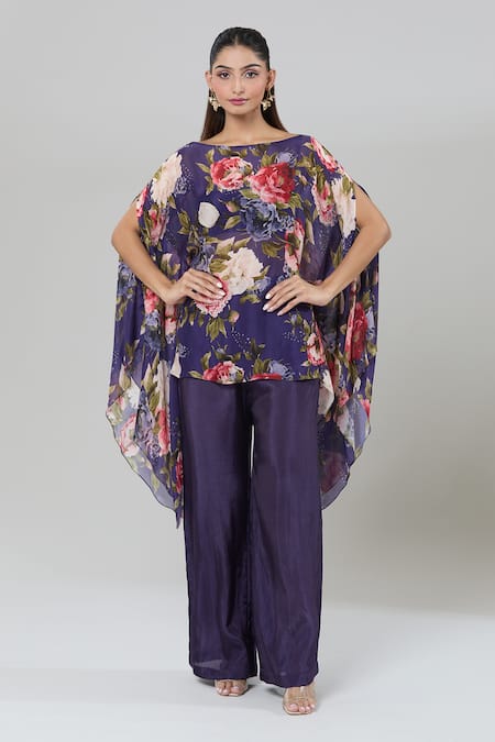 Shop_Kashmiraa_Purple Silk Boat Neck Floral Print Asymmetric Kaftan And Flared Pant _Online_at_Aza_Fashions