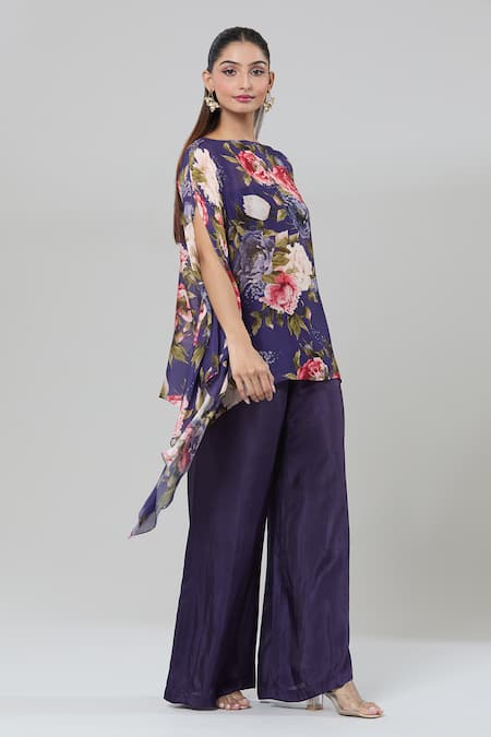 Kashmiraa_Purple Silk Boat Neck Floral Print Asymmetric Kaftan And Flared Pant _at_Aza_Fashions