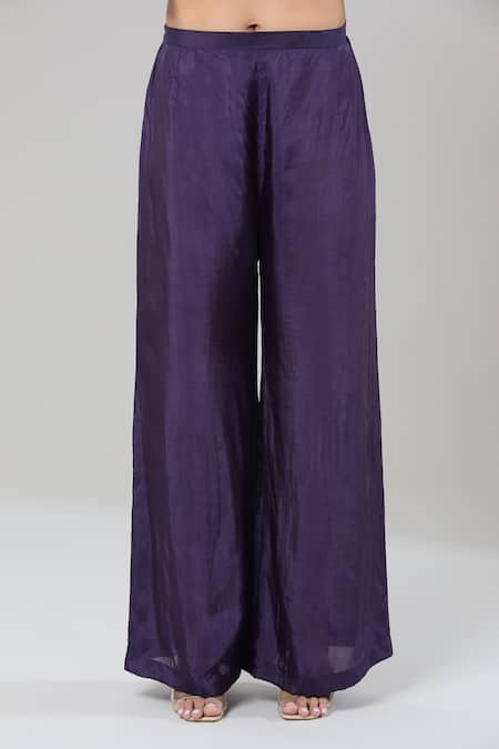 Buy_Kashmiraa_Purple Silk Boat Neck Floral Print Asymmetric Kaftan And Flared Pant 