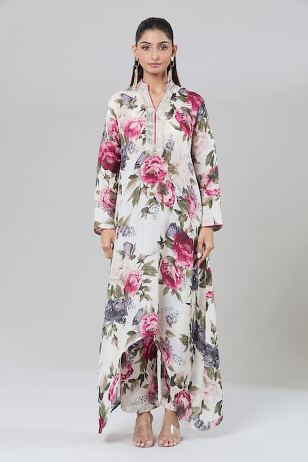 Kashmiraa_Ivory Silk Sequins, Embroidery Mandarin Collar Floral Print Asymmetric Kurta Set _Online_at_Aza_Fashions