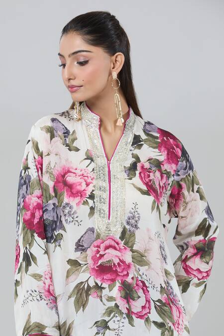 Buy_Kashmiraa_Ivory Silk Sequins, Embroidery Mandarin Collar Floral Print Asymmetric Kurta Set _Online_at_Aza_Fashions