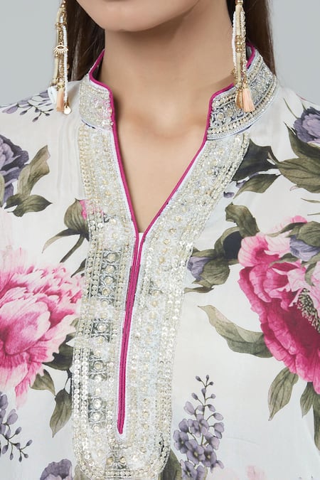 Shop_Kashmiraa_Ivory Silk Sequins, Embroidery Mandarin Collar Floral Print Asymmetric Kurta Set _Online_at_Aza_Fashions