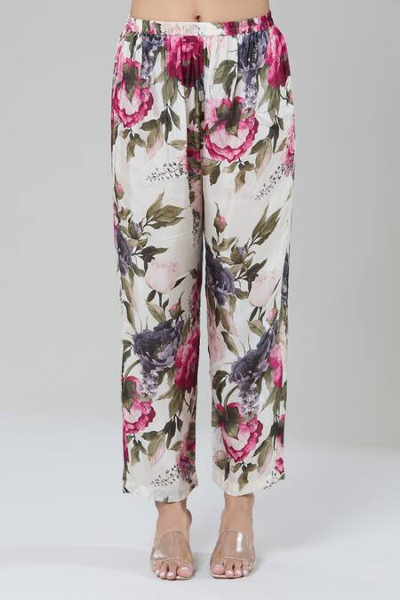 Kashmiraa_Ivory Silk Sequins, Embroidery Mandarin Collar Floral Print Asymmetric Kurta Set _at_Aza_Fashions