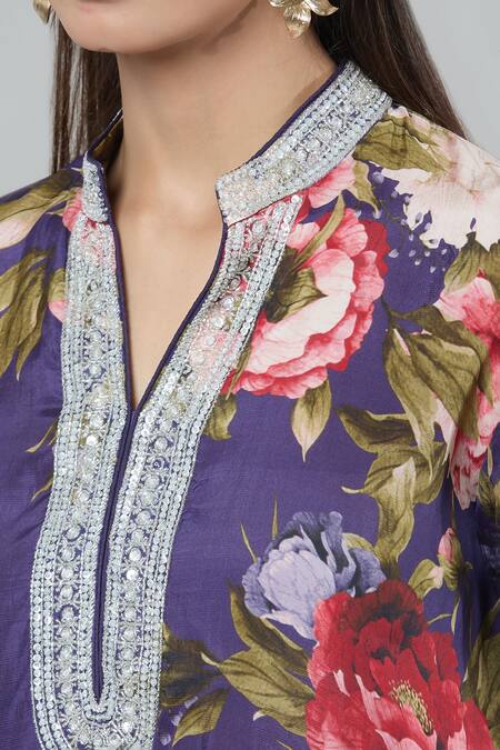 Shop_Kashmiraa_Purple Silk Embroidery Mandarin Collar Floral Print Cutdana Kurta Set _Online_at_Aza_Fashions
