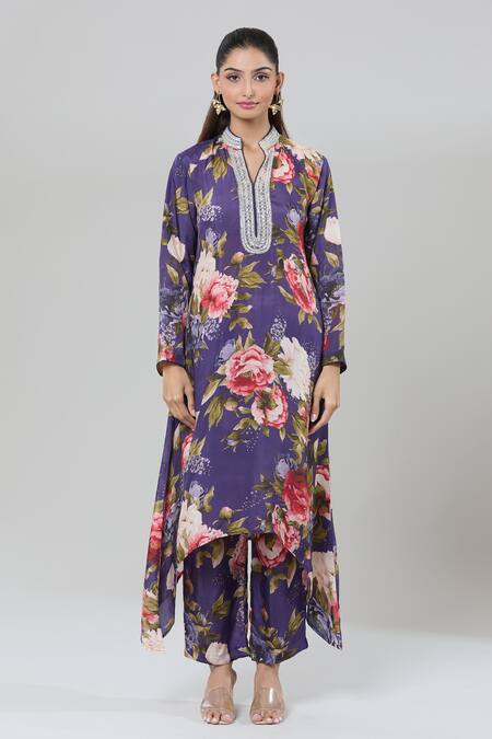 Buy_Kashmiraa_Purple Silk Embroidery Mandarin Collar Floral Print Cutdana Kurta Set 