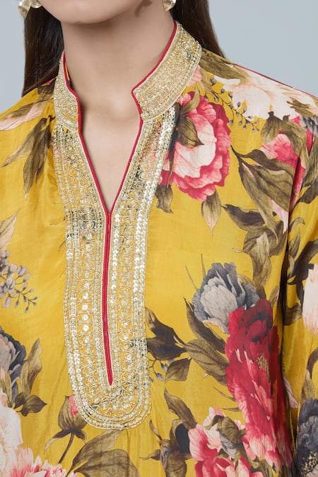 Shop_Kashmiraa_Yellow Silk Embroidery, Sequins Mandarin Collar Floral Print Kurta Set _Online_at_Aza_Fashions