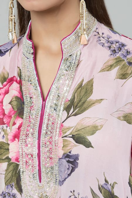 Buy_Kashmiraa_Pink Silk Sequins, Cut Work Mandarin Collar Floral Print Embroidered Kurta Set _Online_at_Aza_Fashions