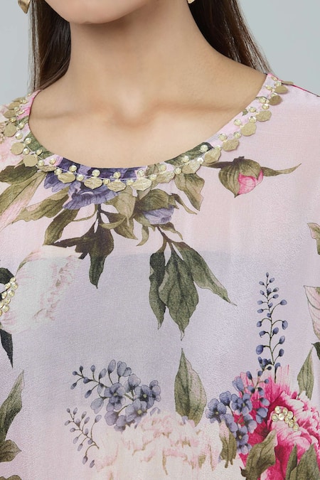 Kashmiraa_Pink Silk Sequins Round Neck Floral Print Asymmetric Kurta Set _Online_at_Aza_Fashions