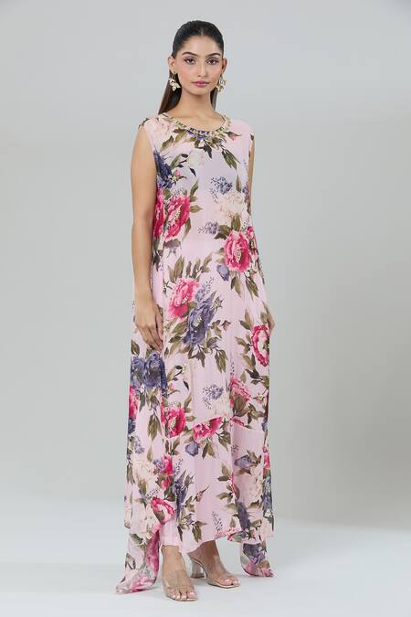 Buy_Kashmiraa_Pink Silk Sequins Round Neck Floral Print Asymmetric Kurta Set _Online_at_Aza_Fashions