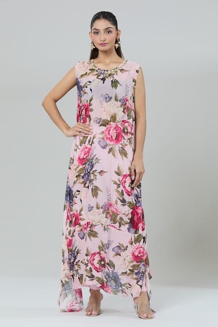 Shop_Kashmiraa_Pink Silk Sequins Round Neck Floral Print Asymmetric Kurta Set _Online_at_Aza_Fashions