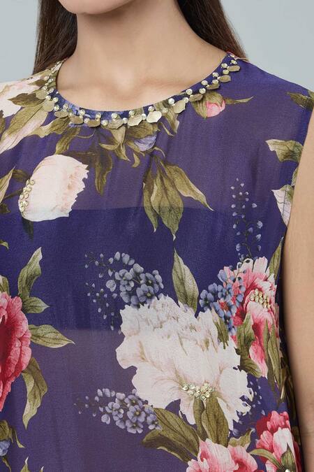 Kashmiraa_Purple Silk Sequins, Foil Printing Round Neck Floral Asymmetric Kurta Set _Online_at_Aza_Fashions