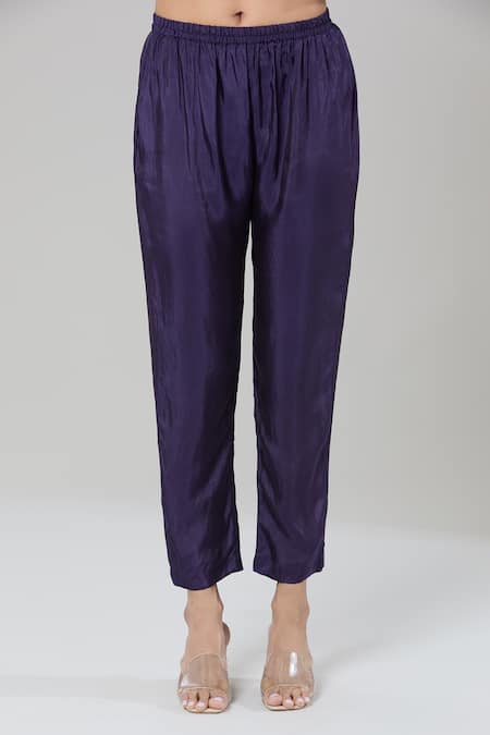 Buy_Kashmiraa_Purple Silk Sequins, Foil Printing Round Neck Floral Asymmetric Kurta Set _Online_at_Aza_Fashions