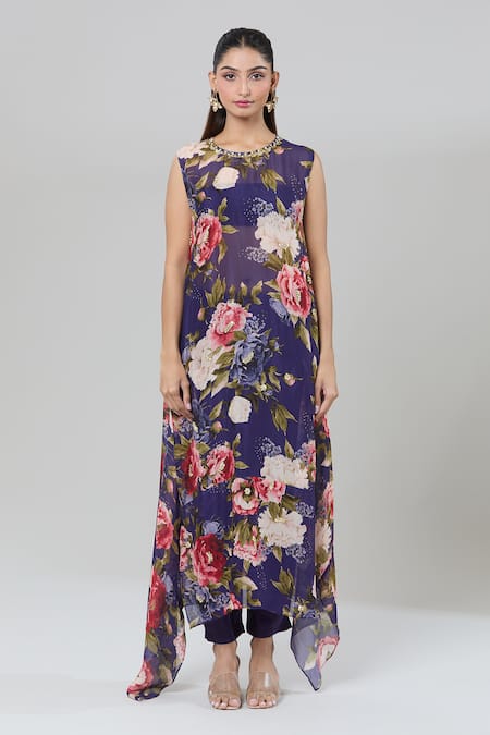 Shop_Kashmiraa_Purple Silk Sequins, Foil Printing Round Neck Floral Asymmetric Kurta Set _Online_at_Aza_Fashions
