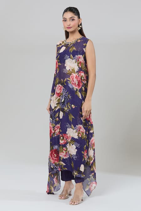 Kashmiraa_Purple Silk Sequins, Foil Printing Round Neck Floral Asymmetric Kurta Set _at_Aza_Fashions