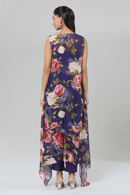 Buy_Kashmiraa_Purple Silk Sequins, Foil Printing Round Neck Floral Asymmetric Kurta Set 