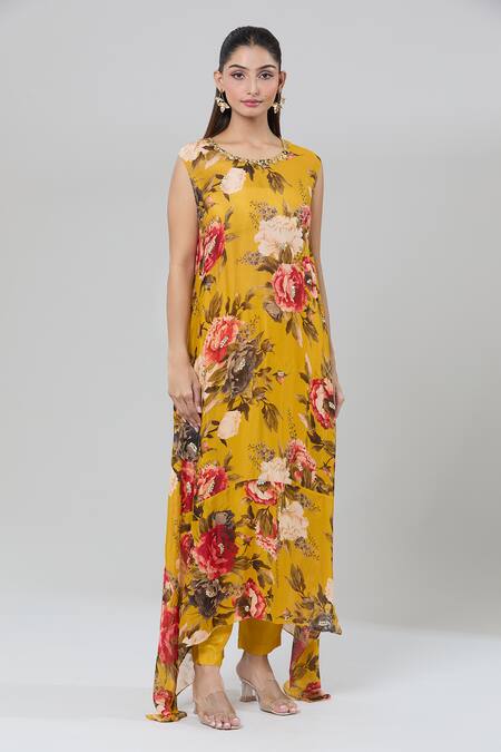 Shop_Kashmiraa_Yellow Silk Embroidery, Sequins Round Neck Floral Print Asymmetric Kurta Set _Online_at_Aza_Fashions