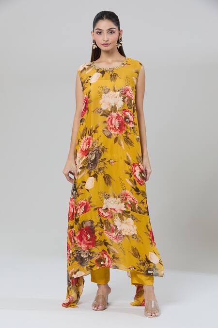 Kashmiraa_Yellow Silk Embroidery, Sequins Round Neck Floral Print Asymmetric Kurta Set _at_Aza_Fashions