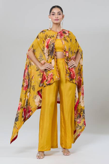 Buy Kashmiraa Yellow Chiffon, Silk Cut Work Scoop Neck Floral Print Cape Pant Set Online at Aza Fashions Buy_Kashmiraa_Yellow Chiffon, Silk Cut Work Scoop Neck Floral Print Cape Pant Set _Online_at_Aza_Fashions