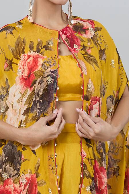Shop Kashmiraa Yellow Chiffon, Silk Cut Work Scoop Neck Floral Print Cape Pant Set Online at Aza Fashions Shop_Kashmiraa_Yellow Chiffon, Silk Cut Work Scoop Neck Floral Print Cape Pant Set _Online_at_Aza_Fashions
