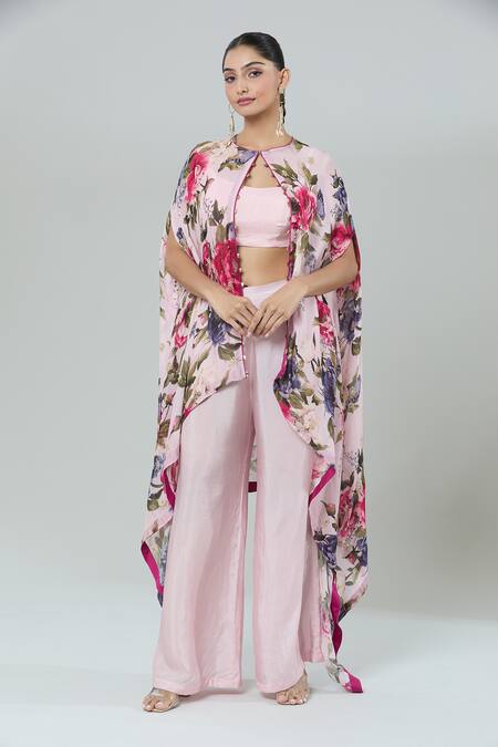Buy_Kashmiraa_Pink Silk Scoop Neck Floral Print Cape Pant Set _Online_at_Aza_Fashions
