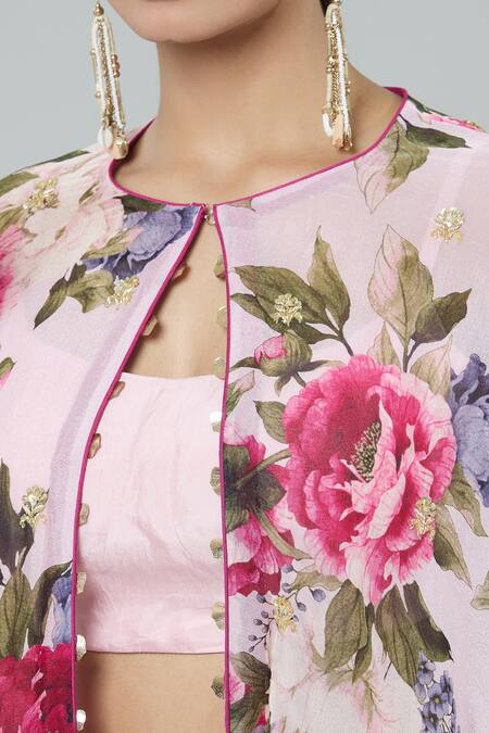 Kashmiraa_Pink Silk Scoop Neck Floral Print Cape Pant Set _at_Aza_Fashions