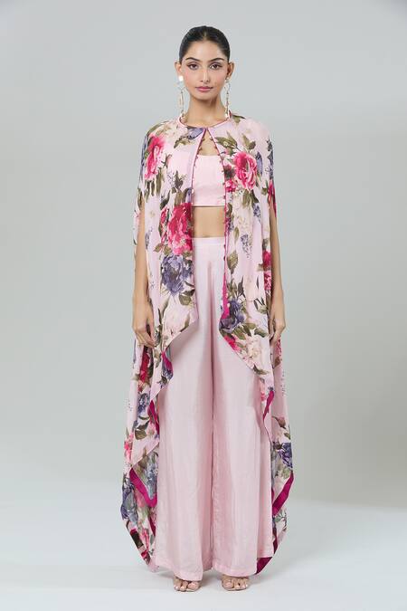 Shop_Kashmiraa_Pink Silk Scoop Neck Floral Print Cape Pant Set 