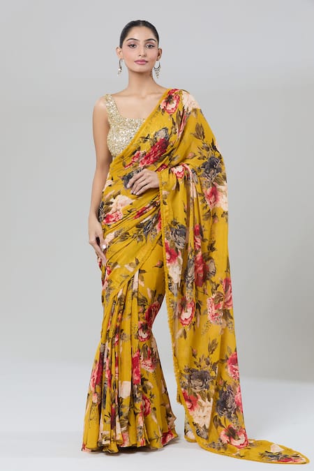 Kashmiraa_Gold Chiffon Sequins, Embroidery Scoop Floral Print Pre-draped Saree And Blouse _Online_at_Aza_Fashions