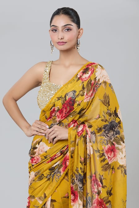 Shop_Kashmiraa_Gold Chiffon Sequins, Embroidery Scoop Floral Print Pre-draped Saree And Blouse _Online_at_Aza_Fashions