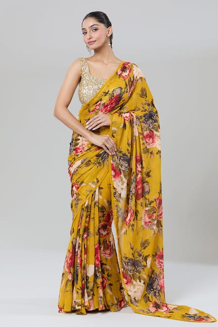 Buy_Kashmiraa_Gold Chiffon Sequins, Embroidery Scoop Floral Print Pre-draped Saree And Blouse 